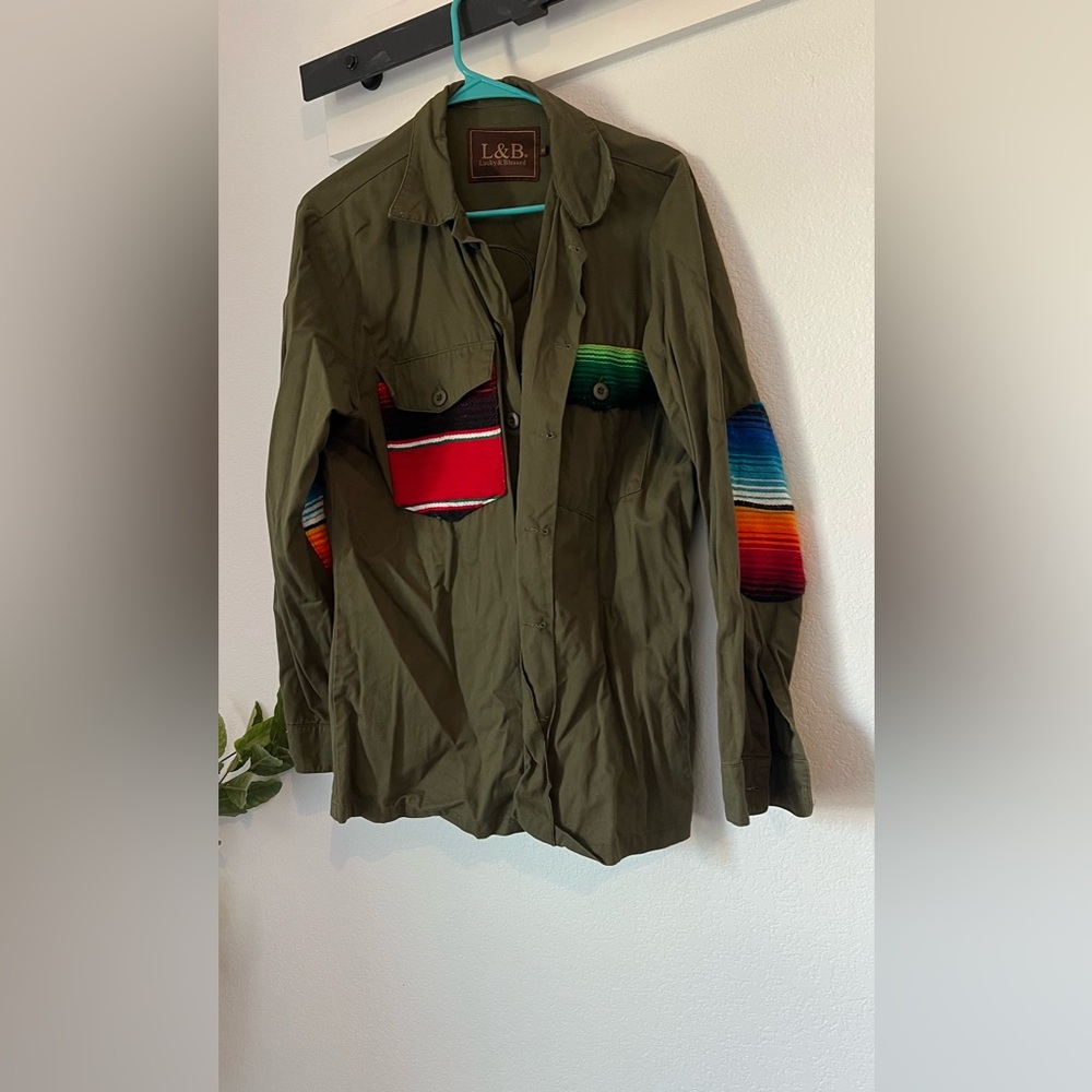 L&B Olive Shirt with Colorful Sleeve and Pocket